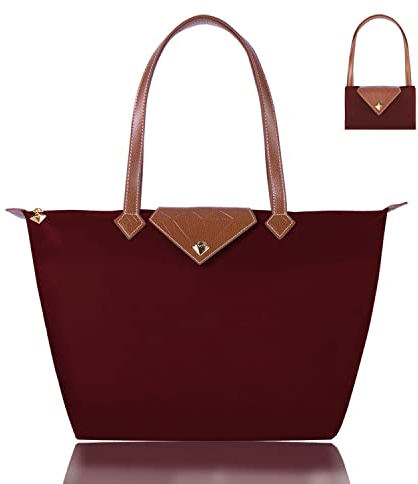 BOJLY Damen-Schultertaschen, Wasserdichte Einkaufstasche Handtaschen Damen Stilvolle Diamant Nylon Frauen Faltbare Handtasche Freizeitreise Königsrot Groß