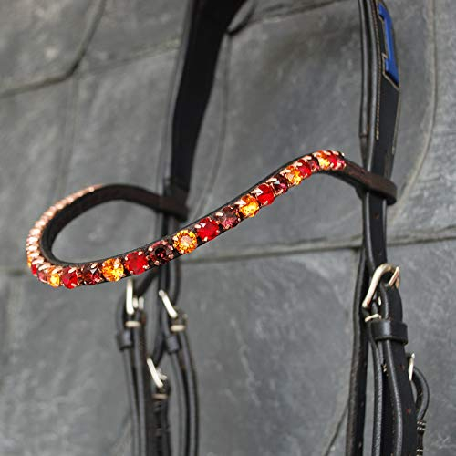 GlücksHucke Stirnriemen Pferd 'Leaves' mit großen Glitzer Steinen in Rot, Burgunder & Gold-Braun, geschwungen, handgenäht (Shetty, Lederfarbe Dunkelbraun)
