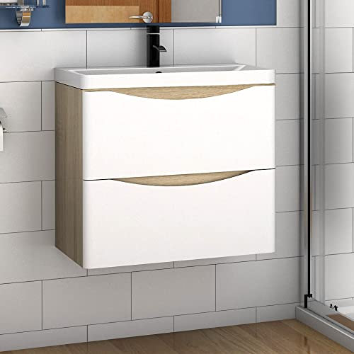 600mm 2 Drawer Wall Hung Bathroom Cabinet Vanity Sink Unit with Basin,Oak Body White Drawer Surface