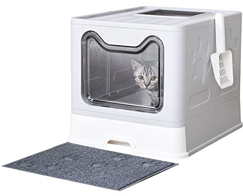 Medario Cat Litter Box with Litter Mat and Scoop, Large Foldable Litter Box with Lid, Front Entry Top Exit Kitty Box, Odor Control, Easy to Clean (Grey)