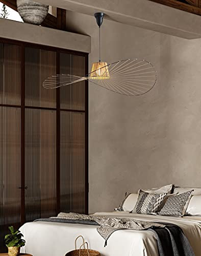 GLZXMQBP Vertigo Lampe Braun 80cm Retro Pendelleuchte Modern LED Hängeleuchte Vintage Wohnzimmer Kronleuchter (Licht Höhenverstellbar) Hängelampe Fiberglas Hut Design + E27 Fiber Stoff