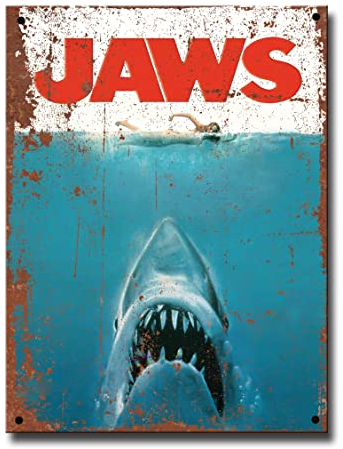 Jaws Film Rustikales Metall-Blechschild Vintage-Stil Filmbild Poster Merchandise für Kino Raumideen oder lustiges Badezimmer Whirlpool Heimkino Zubehör Männerhöhle Geschenk Geschenke 20 cm x 15 cm