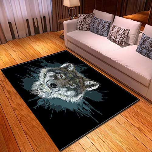 Chickw1 Teppich Groß Wohnzimmer, 3D Wolf Drucken Moderne Weiche Flauschig Flanell Antirutschunterlage Fläche Teppiche für Kinderzimmer Schlafzimmer Outdoor Küche (Grauer Wolf,80x120cm)