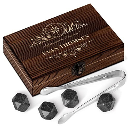 Maverton Whisky Steine Set - in Holzbox - personalisiert - 6 Eiswürfel + Zange + Velourbeutel - Kühlsteine - wiederverwendbar aus Granit - für Herren - Windrose