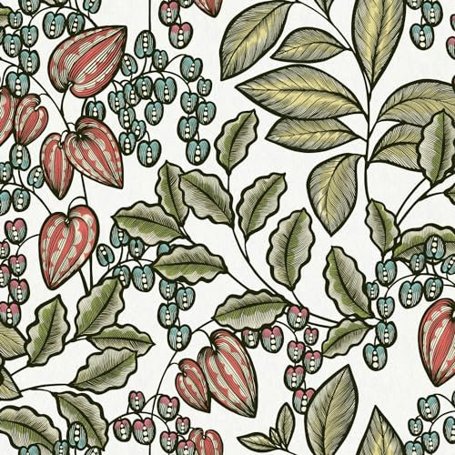 Profhome Floral Wallpaper 377545-GU Non-Woven Wallpaper White red Olive Green Blue 0.53 m x 10.05 m / 5.33 sqm