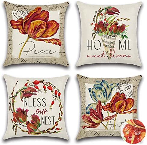 Ohok Wasserdicht Kissenbezug 45x45 cm, 4er Set Dekorativ Outdoor Kissenhülle Deko Sofakissen Couchkissen Zierkissenbezüge für Sofa Wohnzimmer Balkon Garten Auto (Vintage-Blumen)