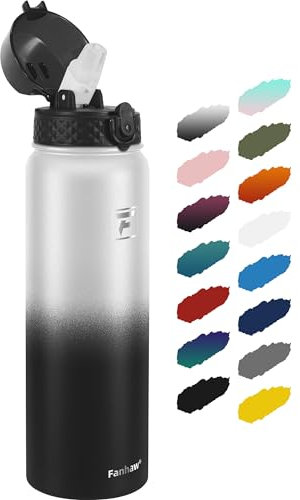 Fanhaw 1L Edelstahl isolierte Sportwasserflaschen mit Strohhalm für Schule, Kinder, Männer und Frauen (Weiß Schwarz)