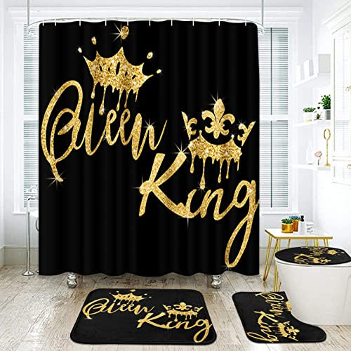 Arttown Schwarzes Badezimmer-Set mit Duschvorhang und Teppich-Zubehör, schwarz-goldenes King- und Queensize-Duschvorhänge, afrikanische amerikanische Badezimmer-Dekoration, 4-teilig