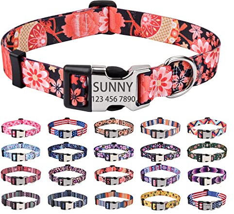 Mihqy Personalisiertes Hundehalsband mit Eingraviertem Namen und Telefonnummer - Weich & Komfort Hunde Halsband Hundehalsbänder für Kleine Mittlere Große Hunde(Rot Floral A,M)