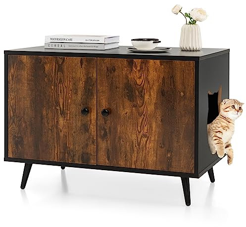 GYMAX Maison de Toilette pour Chats, Entrée Latérale, Armoire pour Litière de Chat, Cloison & Pieds Métalliques, Style Industriel pour Salon & Chambre, 80 x 50 x 57 cm (Grand)