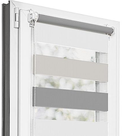 Estika Doppelrollo Klemmfix ohne Bohren - 145 cm x 120 cm - Trio: Dunkelgrau-Hellgrau-Aschgrau - 29 Stofffarben, Tag und Nacht Duo Rollo, Rollos für Fenster ohne Bohren(145 cm Stoffbreite)