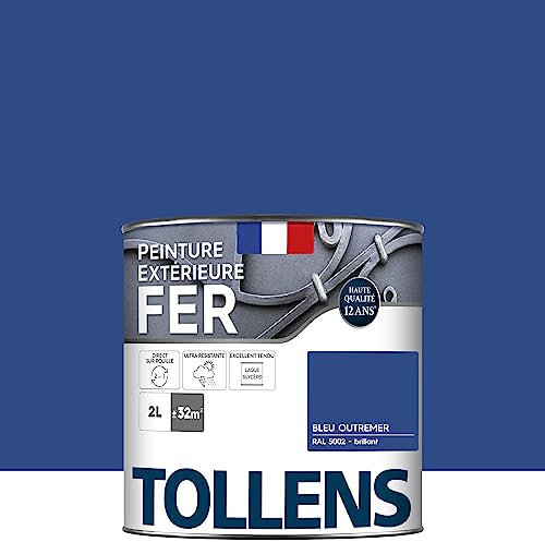 Tollens - Peinture extérieure fer 2 en 1 - Ultra Résistante - Protection antirouille - Laque Riche en Résine - Sans Sous-Couche - Entretien Facile - Brillant - Bleu Outremer - 2L = 32m2