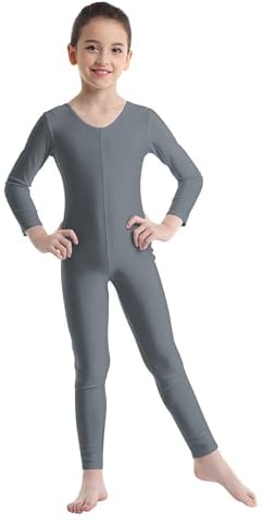 Manyakai Gymnastikanzug Mädchen Ganzkörper Kinder Ballett Tanz Ganzkörperanzug Langarm Tanzbody Stretch Turn Trikot Gymnastik Leotard Tanzkostüm Grau 146-152