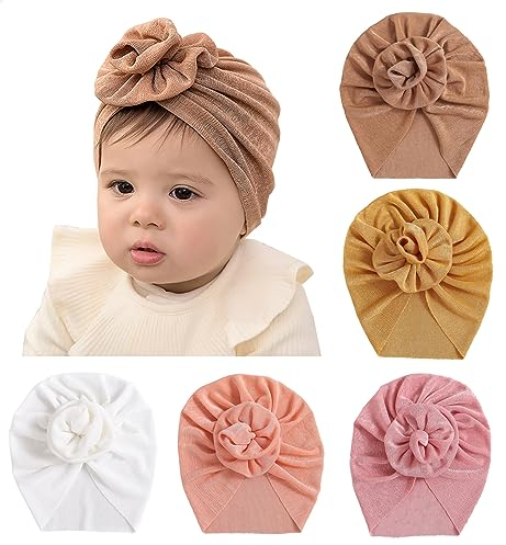 Maeau 5 Stück Turban Hüte Baby Mädchen Jungen 0-6 6-12 Monate Turban Mütze mit Schleifen Neugeborene Weiß Beanie Hut Kleinkind Rot Turban Knoten Rosa Babymütze Unisex Printemps Automne Stretch Orange