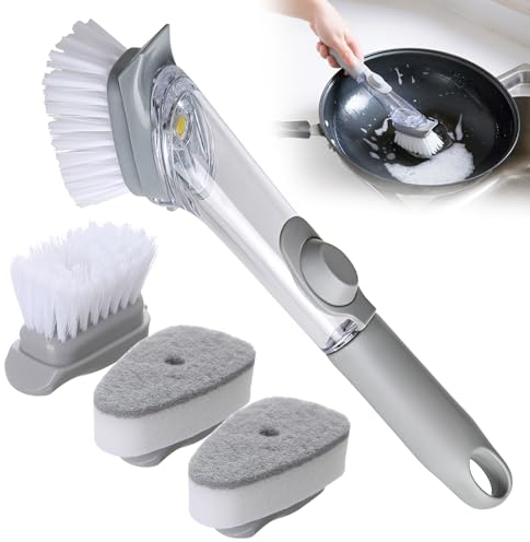 Spülbürste mit Spülmittelspender, 3-In-1-Reinigungsbürste für Reinigungsmittelspender mit 3 Austauschbaren Schwammköpfen, Multifunktionale Küchen Bürste für Küche Haushalt Topf Spüle Schüssel