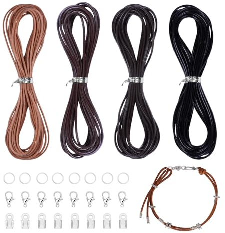 FIHODONE 4 PCS Leather Necklace Cord with Clasp,20M Leather Cord for Jewellery Making, Strips for DIY Crafts Bracelet Necklace(4 Colors)