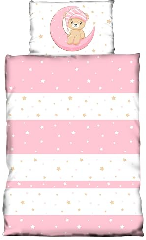 one-home Kinder Baby Bettwäsche 100x135 cm + 40x60 cm Teddy Bären Sterne Mond für Jungen und Mädchen weiche Mikrofaser Kinderbettwäsche Set, Farbe:rosa