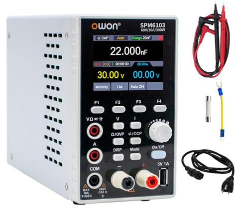 OWON SPM6103 Fuente de Alimentación y Multímetro 2 en 1 DC Fuente de alimentación de Laboratorio 60V 10A, Fuente de Alimentación de Banco, con LED de alta precisión de 2,8 pulgadas, multímetro digital