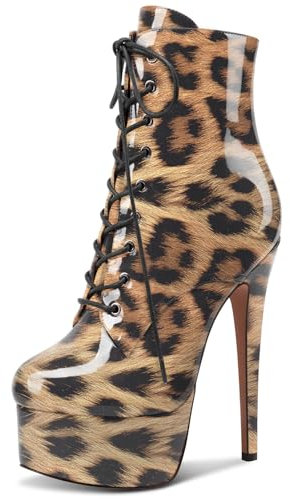 NobleOnly Donna Spillo Alto High Piattaforma Tacco Heel Rotonda Punta Lacci Cerniera Ballo Stivaletti 15 CM Heels Leopardo Marrone 39 EU