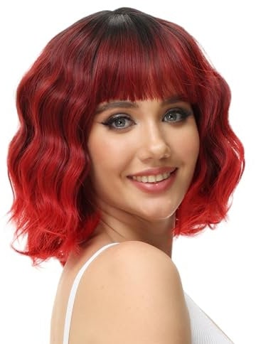 Luxiremi Perücken Rot ombré Kurze Schulter Länge Lockig Gewellt Perücke Bob mit Pony Synthetische Cosplay Perücke für Damen