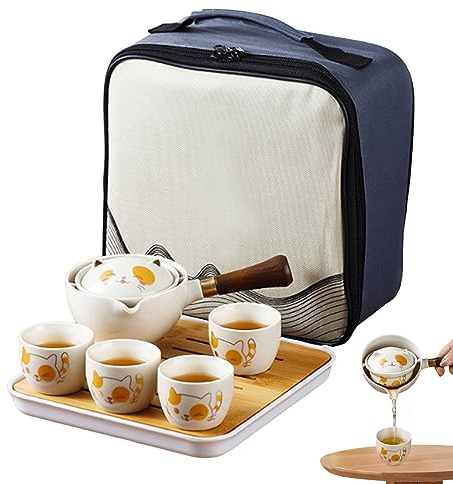 Service à thé de Service à thé de 7 pièces/ensemble en céramique chat mignon service à thé chinois portable avec théière et infuseur à rotation 360, 4 tasses à thé plateau à thé