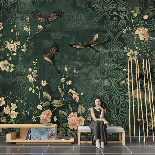 Fototapete 3d Effekt Retro Blumen und Vögel Dunkel Grün Pflanzen XL Tapete Wandbild Wandbild Bild Tapeten Wandtapete Wand Schlafzimmer Wohnzimmer