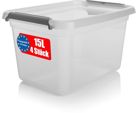 BigDean 4 Stück 15 L Aufbewahrungsbox mit Deckel transparent BPA- frei & lebensmittelecht – stapelbare robuste Aufbewahrungsbox – Aufbewahrungsboxen mit Klickverschluss