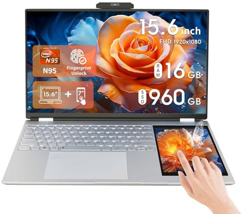 LONGEVINCE Dual Screen Laptop,15.6 Inch LCD Screen + 7 Small Touch Screen, Quad-Core Intel Celeron N95(up to 3.4GHz), 16GB DDR4,Color backlit KB, Win 11 Pro&Office 2019 (960G SSD)