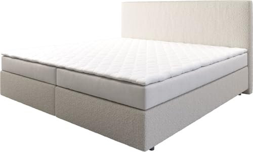 DELIFE Boxspringbett Dream-Well Bouclé Creme-Weiß 200x200 cm Bonell-Matratze PU-Topper