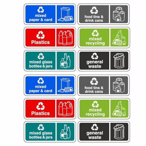 Recycling Stickers for Bins, 12Pcs Waterproof Coating Film Recycling Labels for Indoor and Outdoor(150mm × 60mm)