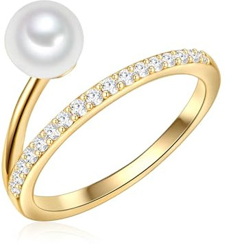 Valero Pearls Damen Ring aus 925/- Sterling Silber gelbvergoldet mit Süßwasser-Zuchtperle weiß Rund 6,0-7,0 mm/Zirkonia