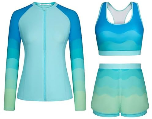 Rash Guard Swimwear Womens,Ladies Long Sleeve Swimsuit ,Swimming Costume Women, Tummy Control Swimwear Rash Guard Swimsuit Bikini Top & High Waist Boyshorts Zipper Modest Swimwear Bathing Suit