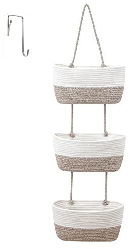 URCheers 3-Tier Over the Door Hanging Basket, Wall Mount Hanging Storage Organiser Woven Rope, Cotton Fabric Decorative Back of Door Storage with Hook, for Bedroom, Bathroom, Nursery (White&Linen)