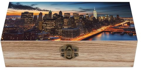 AQRJLPM New York City Scenery Holz-Aufbewahrungsbox mit Scharnierdeckel, rechteckig, groß, Retro-Design, Holzbox, Andenken, Rezept oder Schmuck, Aufbewahrungsbox für Handwerk, Dekoration, Geschenk