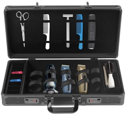 Friseurtasche, Kosmetiktasche Friseur Werkzeugtasche, Trimmer Organizer Tasche mit Sicherheitsschloss und Schulterriemen, für Haarschneider, Schwarz, 55 x 27 x 10 cm