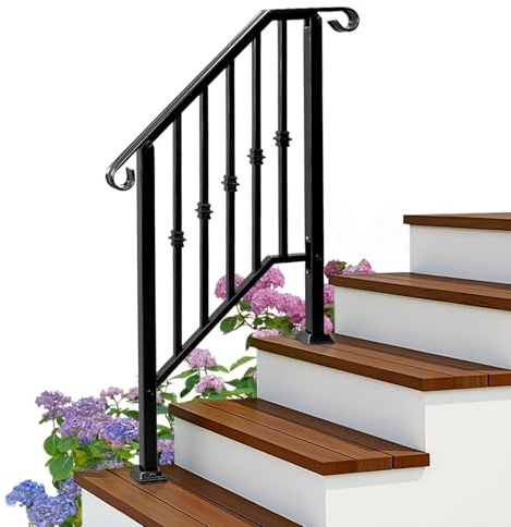 Bonnlo Outdoor Handrail for Stairs Fit 2 Steps, Hand Rails Outside Steps with Decoration, Galvanized Iron Handrail for Garden