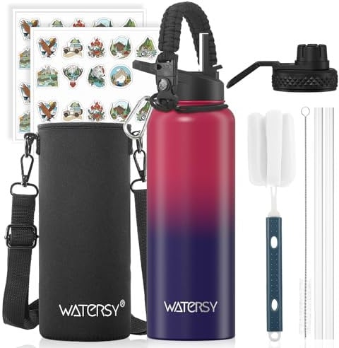 WATERSY Stainless Steel Vacuum Insulated Water Bottle 40oz, Drink Flask Metal Water Bottles 1200ml with 2 Lids Leakproof (Straw Lid and Spout Lid) Keep 24 Hours Cold Drinks for Sport, Work, Travel