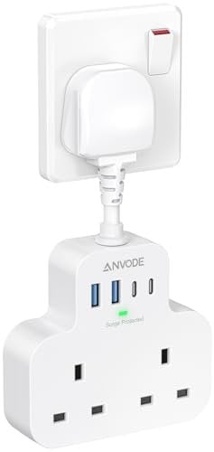 Multi Plug Extension Socket with 4 USB Ports, ANVODE 2 Way Plug Adaptor with Flexible Cable, Short Extension Lead Double Adapter Plug UK for Bedroom, Office, Kitchen. White
