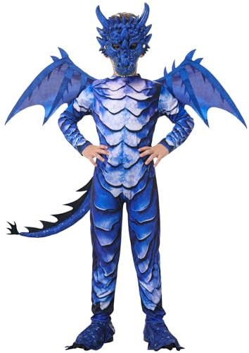 Costume de dragon pour enfant avec queue d'ailes et masque pour garçons et filles, Halloween, carnaval, costume de dragon bleu pour enfants de 4, 5, 6, 7, 8, 9, 10, 11, 12 ans