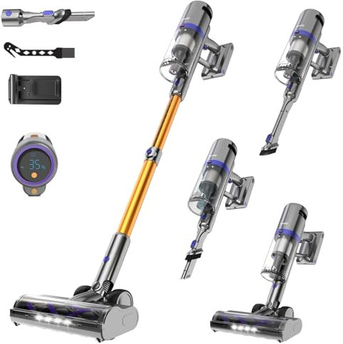 VacniQ Akku Staubsauger, Staubsauger Kabellos, Akkusauger für Hartböden Teppiche Tierhaare, 500W Motor, LED Display, Laufzeit 60 Minuten, Anti Tangle Bürste, 3 Saugmodi