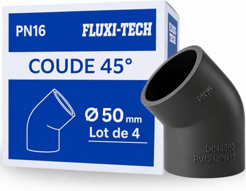 FLUXI-TECH - Coude PVC 45° à Coller 50mm en PVC - Lot de 4 pièces - PN16 bars, Résistance aux Produits Chimiques, jusqu’à 60°C - Interconnexion Étanche - Pour Piscines, Plomberie, Irrigation
