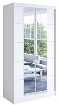 Easy4You ROMA Schwebetürenschrank 100 cm Weiß mit Spiegel Breiten 100/120/150 cm Möbel für Schlafzimmer Wohnzimmer Kleiderschrank mit Kleiderstange
