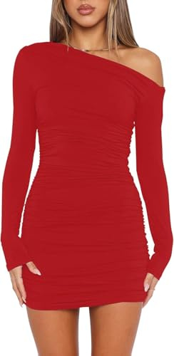 Wenrine Damen Kleider Sexy Schulterfrei Partykleid Langarm Minikleid Rüschen Bodycon Hochzeitsgast Cocktailkleid(Rot, S)