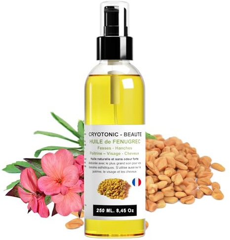 Huile de Fenugrec pour Poitrine, Fesses, Hanches, Acné, Cheveux | 100% naturelle, nouvelle odeur de Rose, bio 250ml