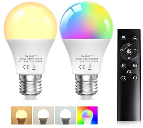 TobeBright E27 LED Farbwechsel Lampe mit Fernbedienung, 9W A60 Dimmbar RGB+ 3 Farbtemperaturen Warmweiß Kaltweiß Neutralweiß, Ambiente Beleuchtung Ideal für Party, Bar, Halloween(2 Stück)