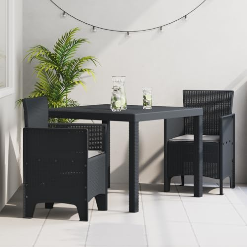 IBUQDDV 3-TLG. Garten-Essgruppe mit Kissen Anthrazit Poly Rattan, Outdoor-Möbel für Balkon und Terrasse, Wetterfeste Sitzgruppe mit Tisch und Stühlen