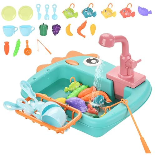 Lavandino da gioco con acqua corrente a circolazione elettrica, set da 21 pezzi Lavandino per bambini 2 in 1 pescabile Dinosauro simpatico cartone animato senza BPA, giocattoli educativi per bambin