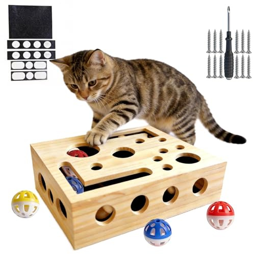 MinXin Katzenspielzeug, Interaktiv Katzenspielzeug Selbstbeschäftigung Puzzle Spielzeug Intelligenz, Kratzpuzzle Spielbox Holz mit 3 Bälle, Fummelbrett für Katzen