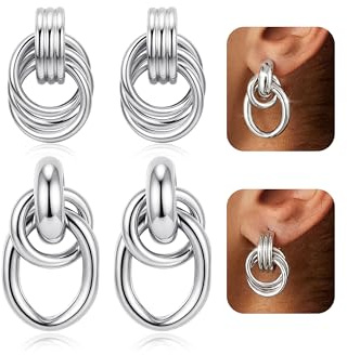 Chriscoco 2Paar Knoten Ohrringe Silber 925 14K Vergoldete Statement Ohrringe Hypoallergene Ohrring Hängend Leichte Tropfen Silber Ohrring for Damen Mädchen - mit Schmuckbox