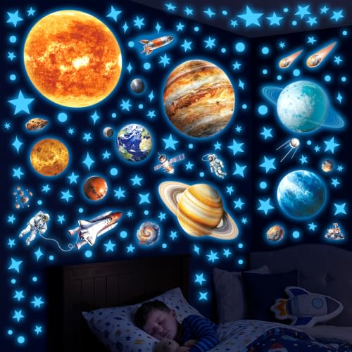 DECOWALL Planeten Leuchtsticker Sonnensystem Wandtattoo Sterne (GDS8-7002) | Leuchtende Weltraumdeko mit Sonne, Planeten, Mond, Sternen & Raketen; 15–30 Min. Lichtaufnahme für stärkeren Leuchteffekt